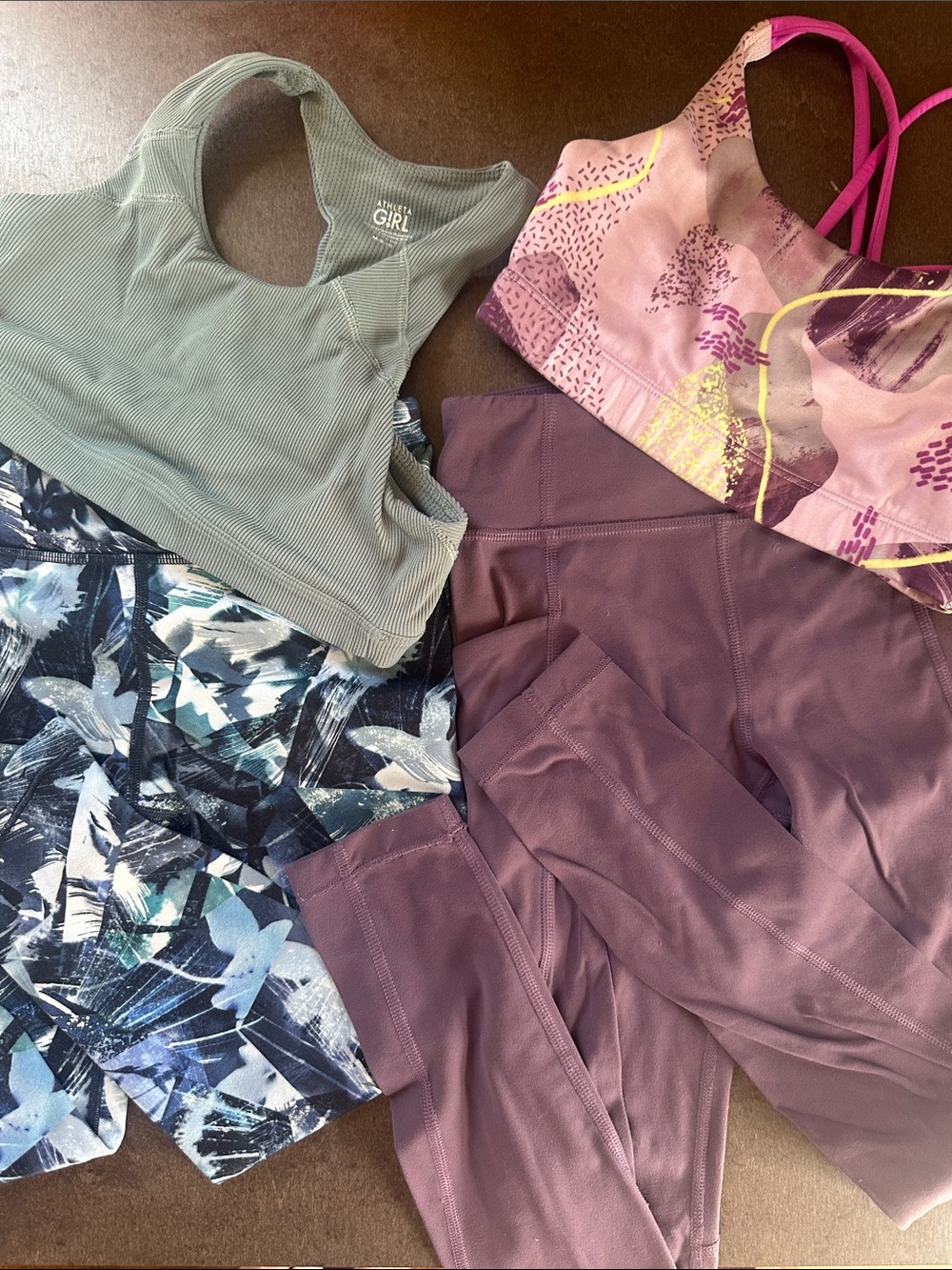 ATHLETA Girls Active Sets: Sage Green Bra + Legging; Purple Bra + Leggings M8-10